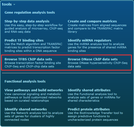 Tools menu options TFBS ChIP and DNase ChIP