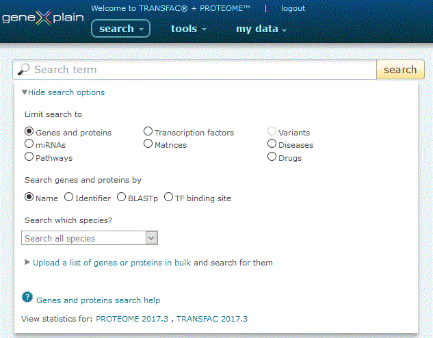 Genes and proteins search option