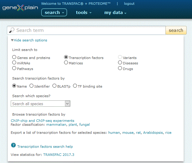 Transcription factor search option