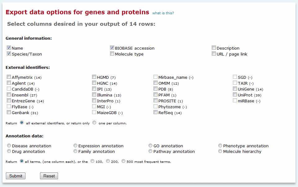 Export genes, proteins and miRNAs option