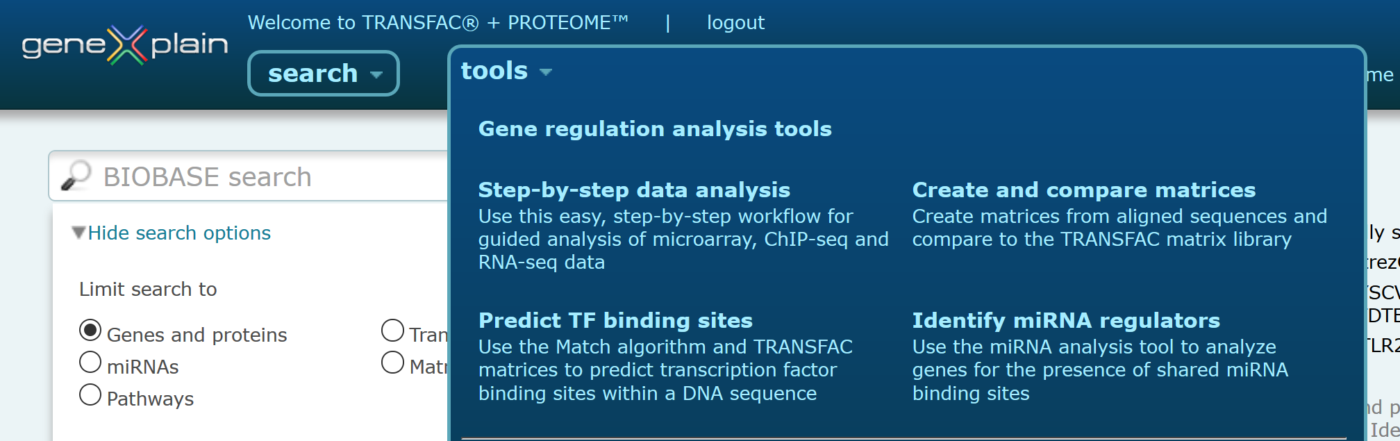Gene Regulation Analysis Tool Menu